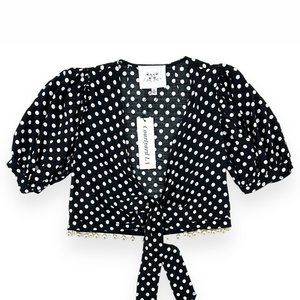 NWT Courtyard LA Layla Black & White Polka Dot Tie Front Blouse with Pearl Trim